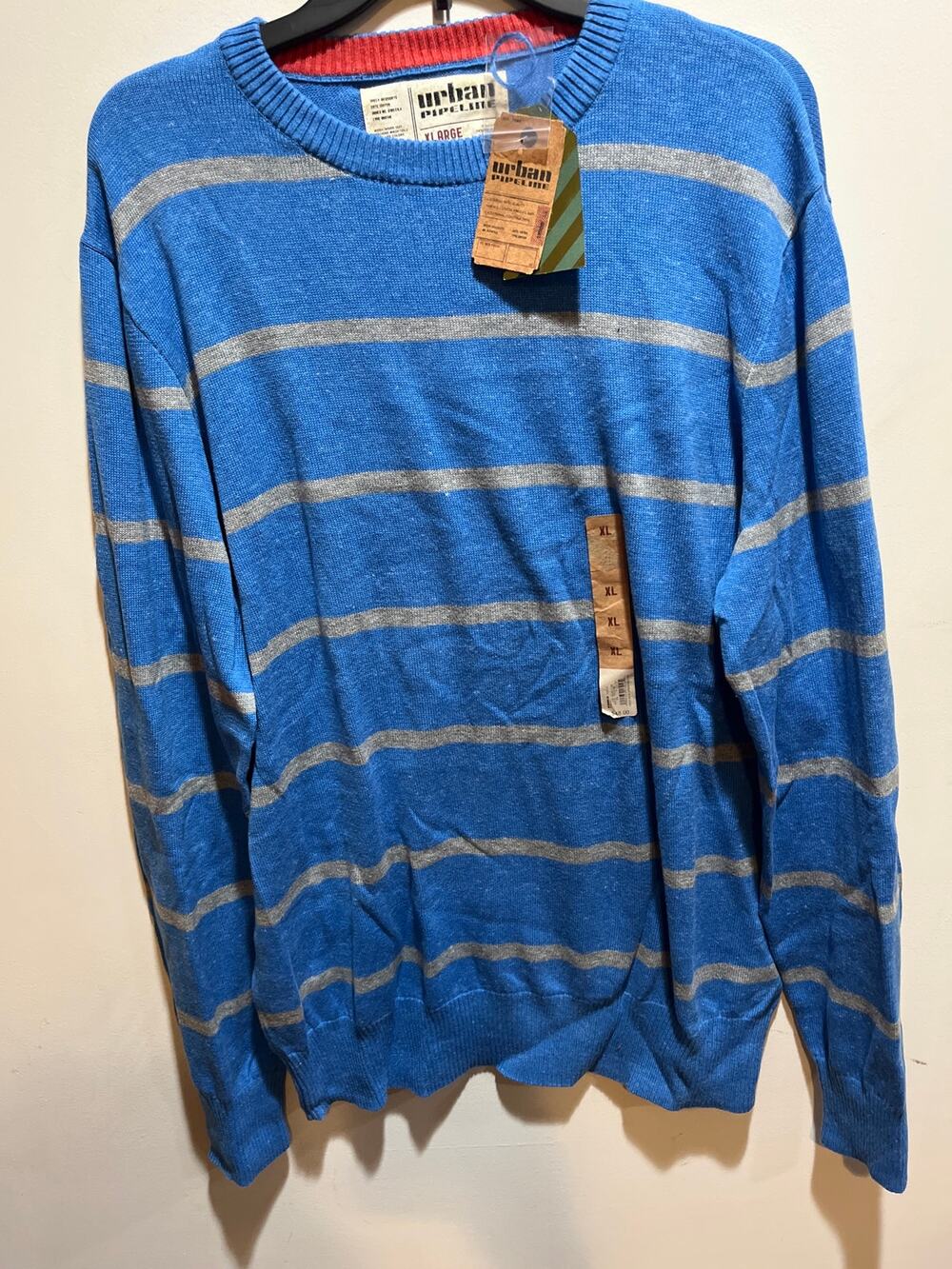 Urban Pipeline Crew Neck Stripe Sweater Men’s XLarge Blue Light Grey Lightweight
